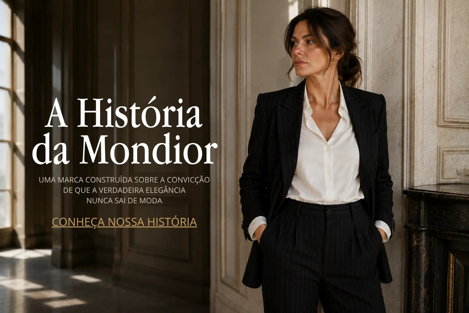 Mulher elegante usando conjunto social preto risca de giz em ambiente clássico representando a história e a filosofia da Mondior.
