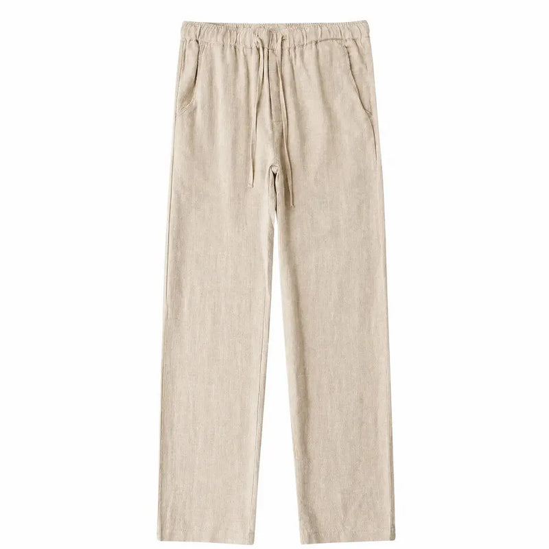 Calça feminina modelo capri confeccionada em linho italiano na cor bege, vista de frente com caimento elegante de alfaiataria.