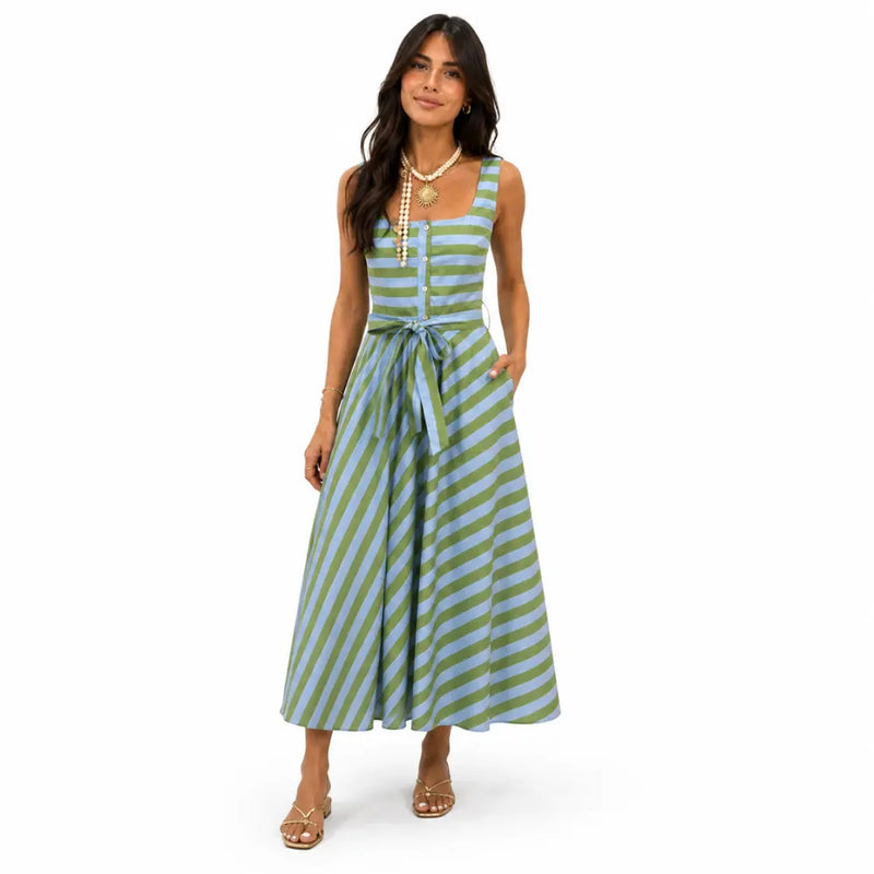 Vestido midi listrado feminino Positano Mondior vista frontal